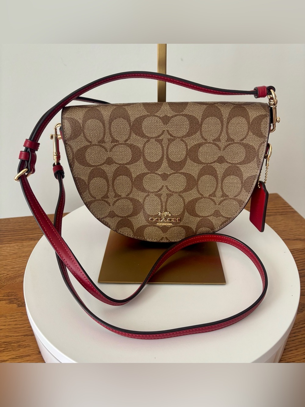 Coach Brown Signature Canvas and Red Leather Saddle Crossbody - Picture 1 of 9
